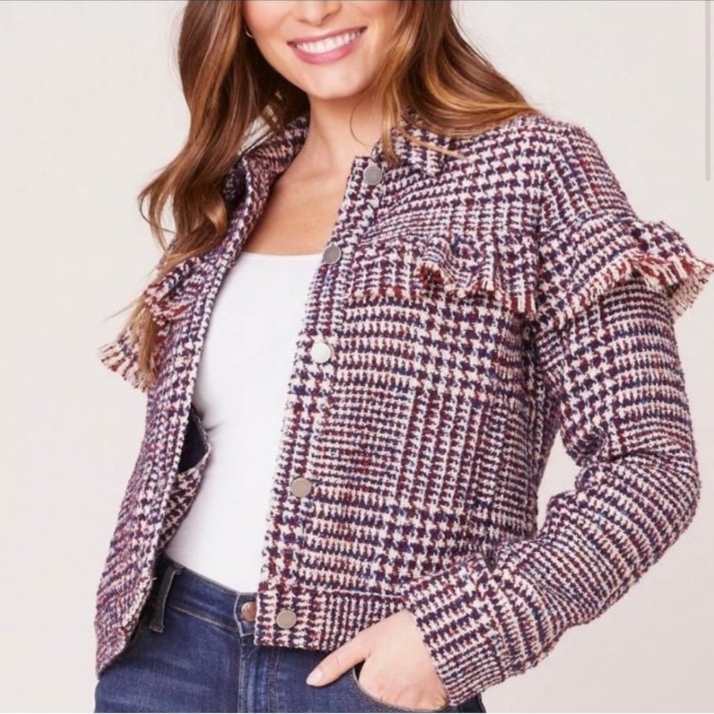 Jack by BB Dakota textured plaid workman jacket with raw-edge ruffle detail